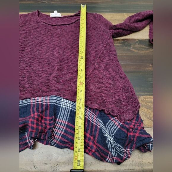 Cloud Chaser Sweatshirt Asymmetrical Plaid Hem Woven Maroon Long Sleeve Size M - Picture 6 of 8
